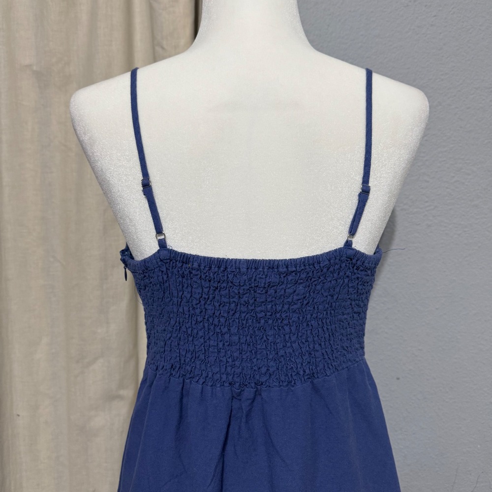 Adeline Cottagecore Blue Linen Blend Midi Dress L Bow Sweetheart Neck Smocked - Picture 7 of 13